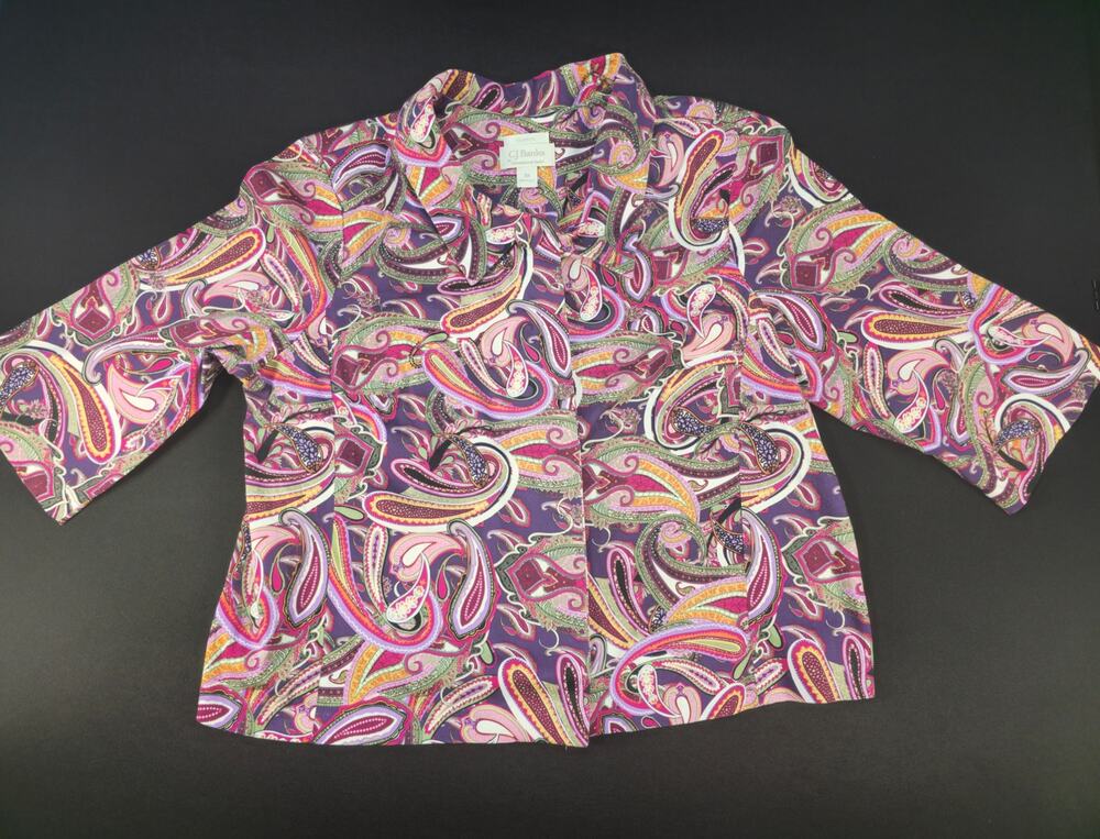 CJ Banks Womens 3X Paisley Button Front Shirt Jacket Purple Pink Stretch USA